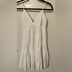 Zara NWT Size Small white Poly Summer Dress Strappy Back Eyelet Ruffled Hem